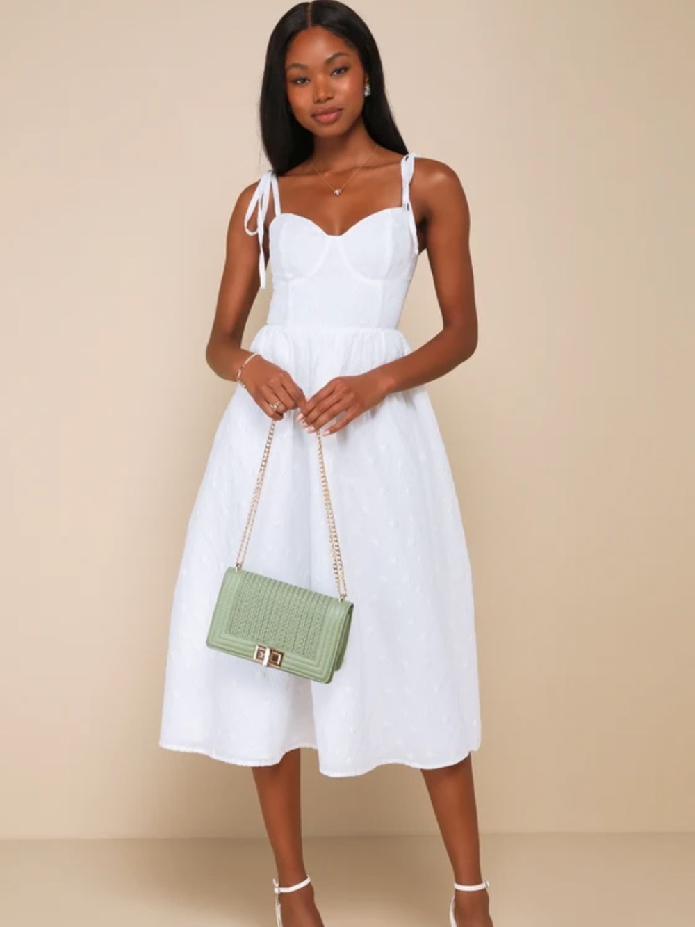 Lulu's White Textured Midi Dress with Tie Straps